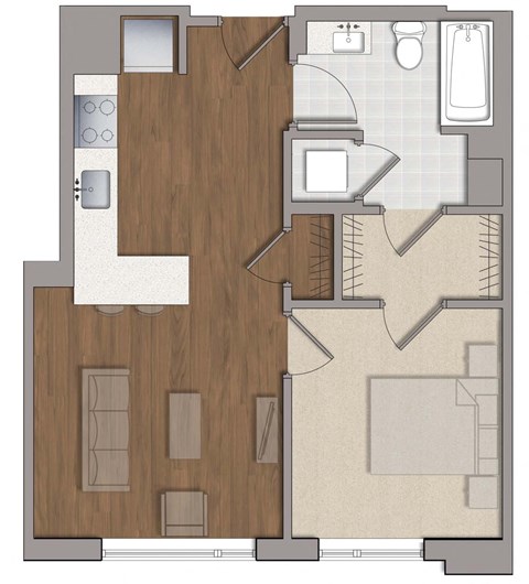 Floor plan for 1 bed, 1 bath, 551 sqft